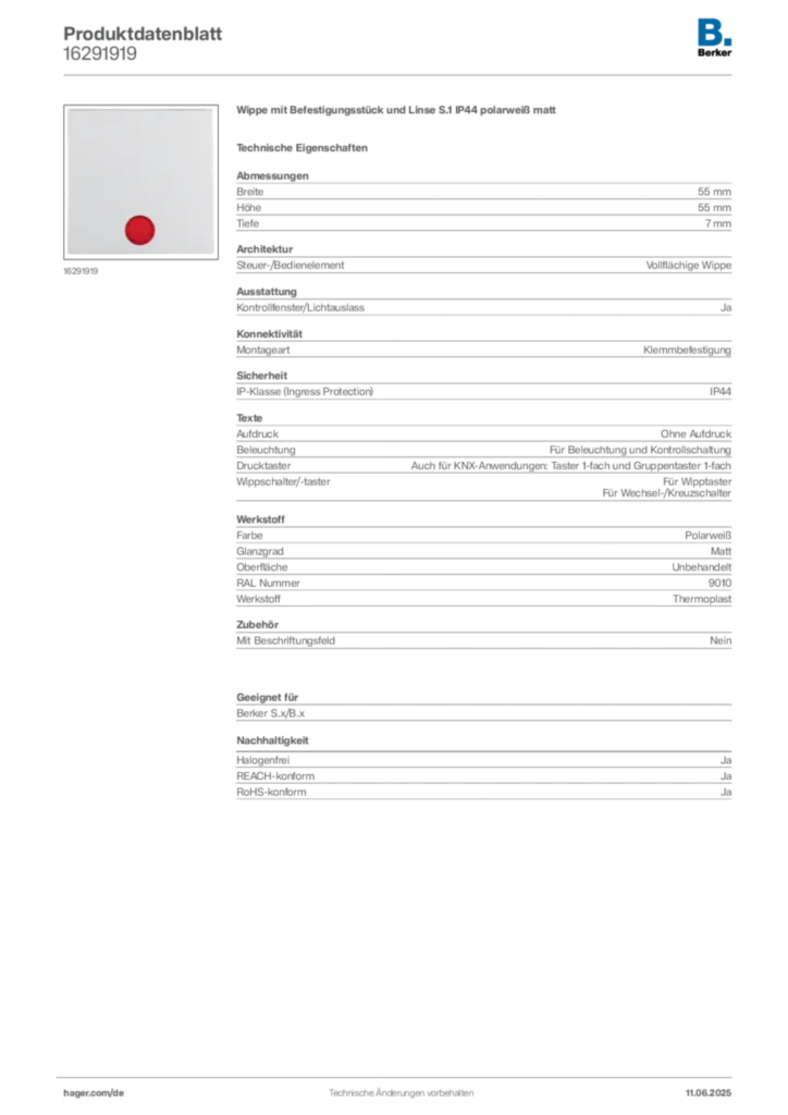 Bild Berker Produktdatenblatt 16291919 | Hager Deutschland