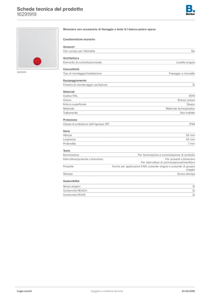 Immagine Berker Scheda tecnica del prodotto 16291919 | Hager Italia