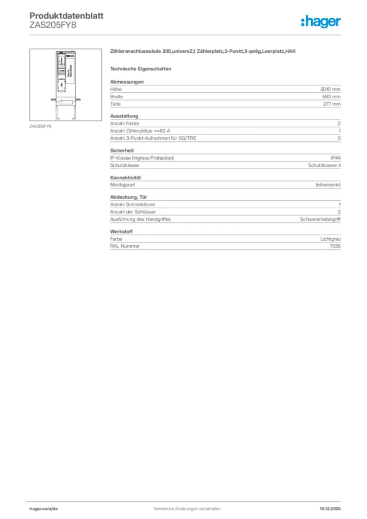 Bild Hager Produktdatenblatt ZAS205FY8 | Hager Deutschland