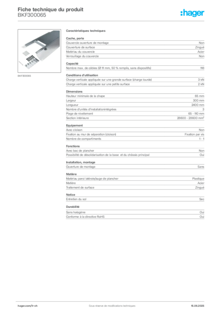 Image Hager Fiche technique du produit BKF300065 | Hager Suisse