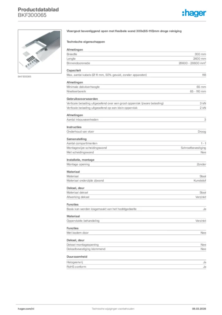 Afbeelding Hager Productdatablad BKF300065 | Hager Nederland