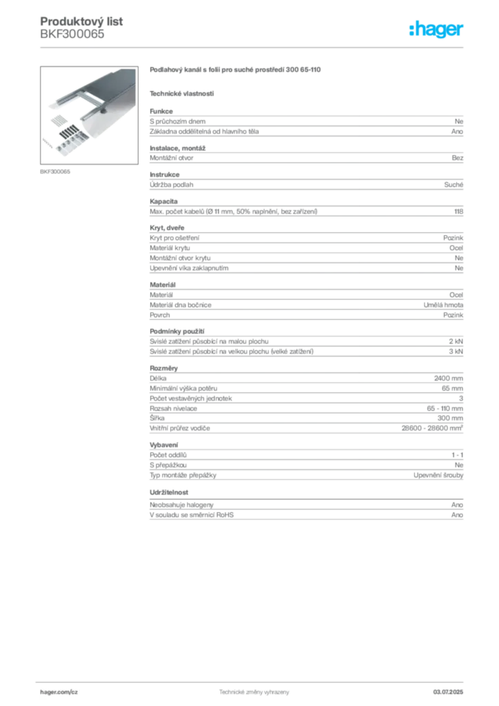 Obrázek Hager Produktový list BKF300065 | Hager