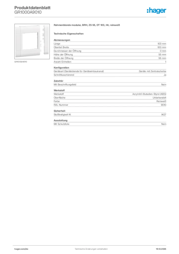 Bild Hager Produktdatenblatt GR1000A9010 | Hager Deutschland