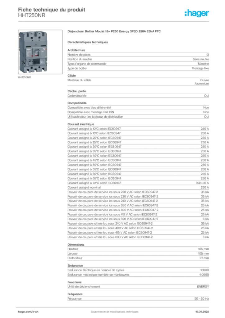 Image Hager Fiche technique du produit HHT250NR | Hager Suisse