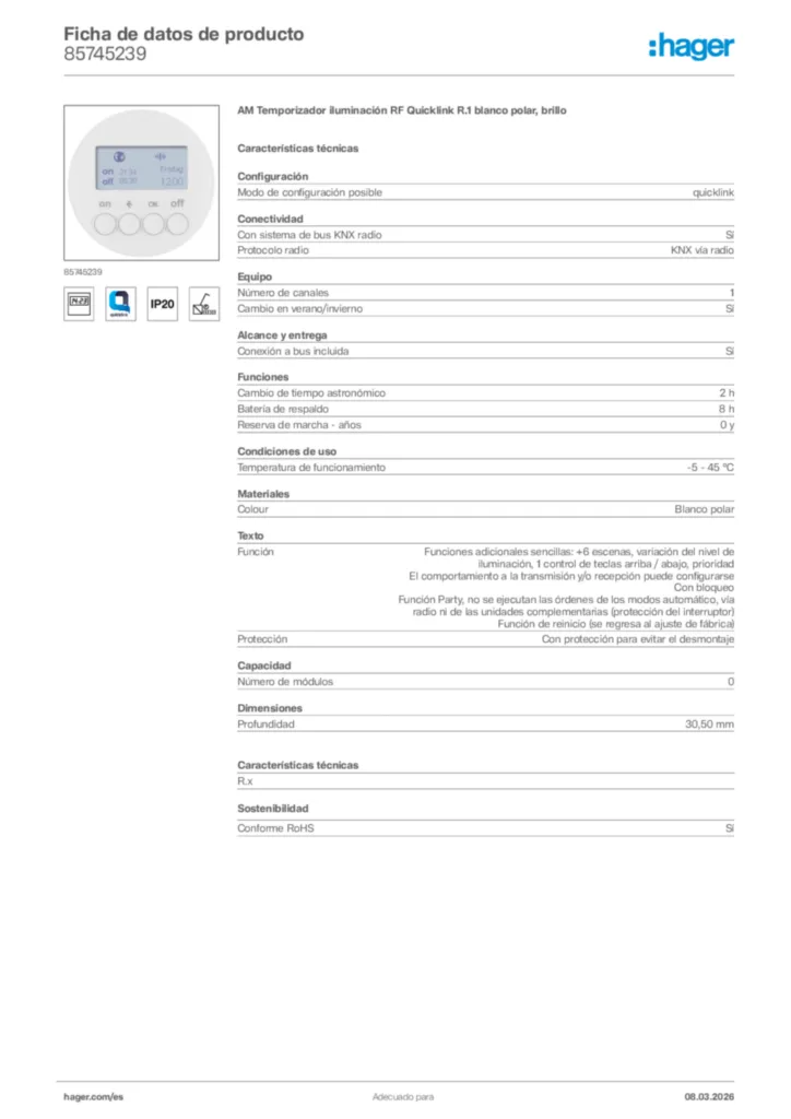 Imagen Hager Ficha de datos de producto 85745239 | Hager España