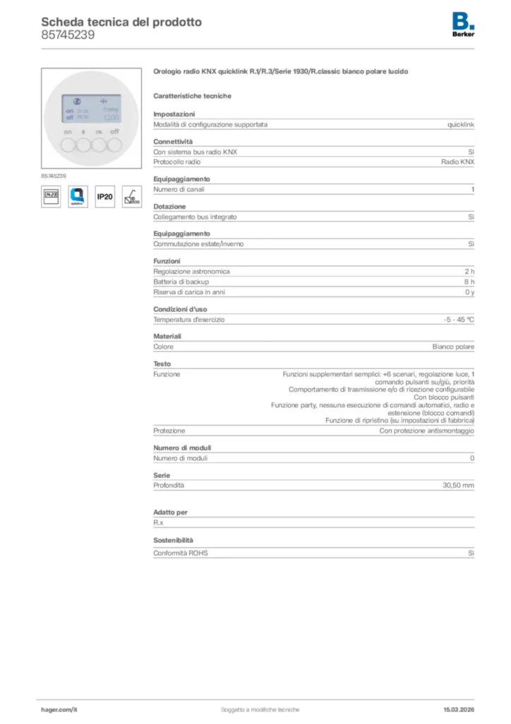 Immagine Berker Scheda tecnica del prodotto 85745239 | Hager Italia