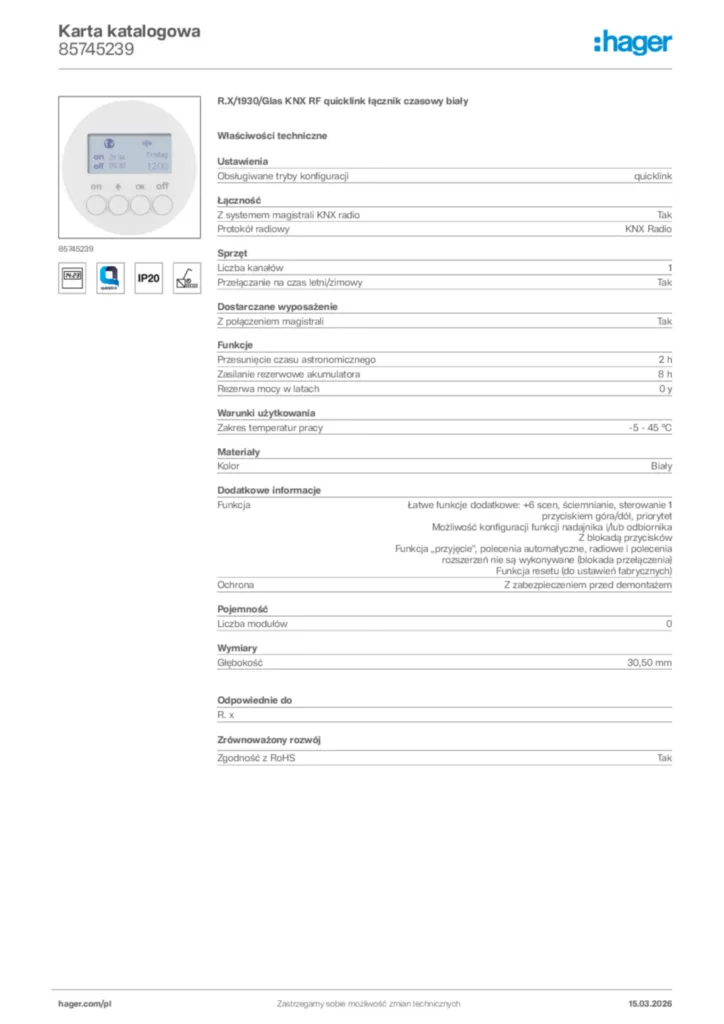 Zdjęcie Hager Karta katalogowa 85745239 | Hager Polska