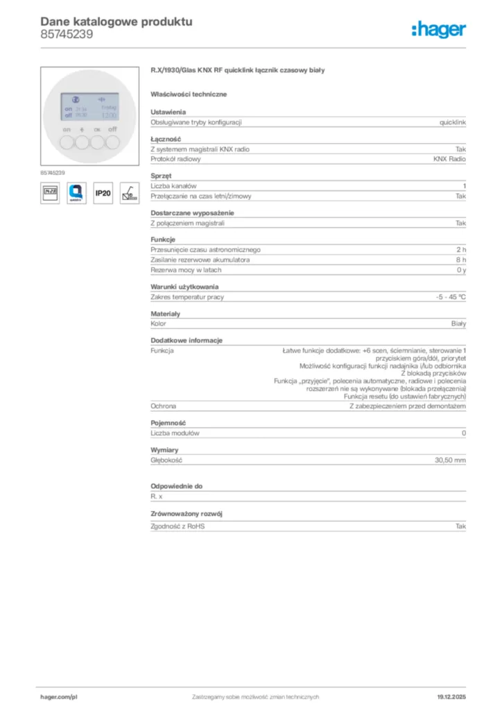 Zdjęcie Hager Karta katalogowa 85745239 | Hager Polska