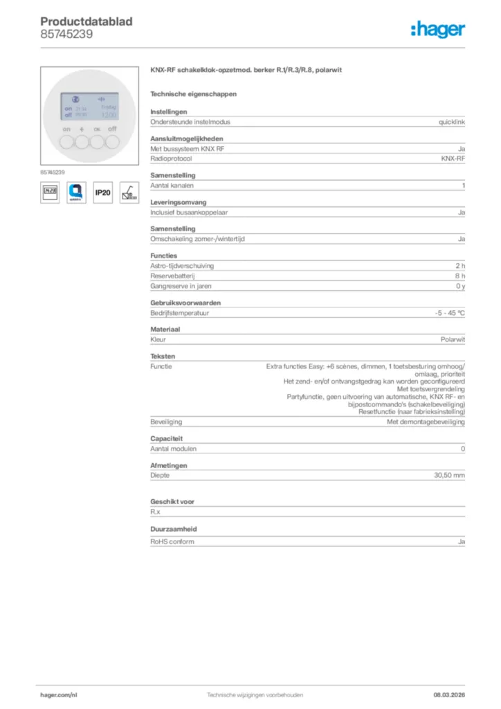 Afbeelding Hager Productdatablad 85745239 | Hager Nederland