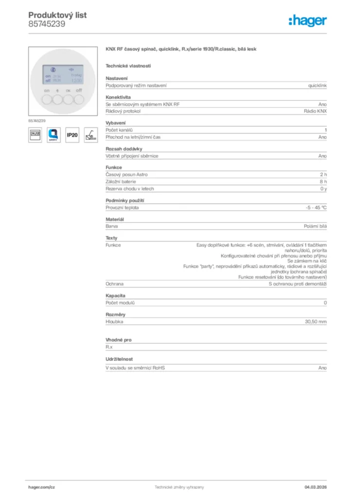 Obrázek Hager Product data sheet 85745239 | Hager