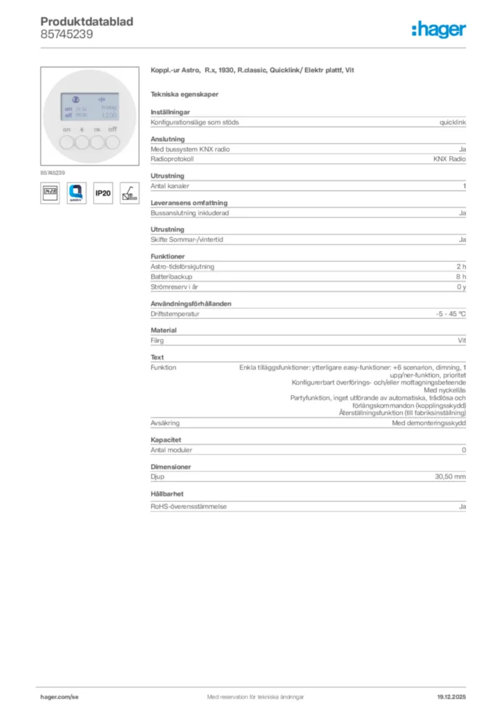 Bild Hager Produktdatablad 85745239 | Hager Sverige