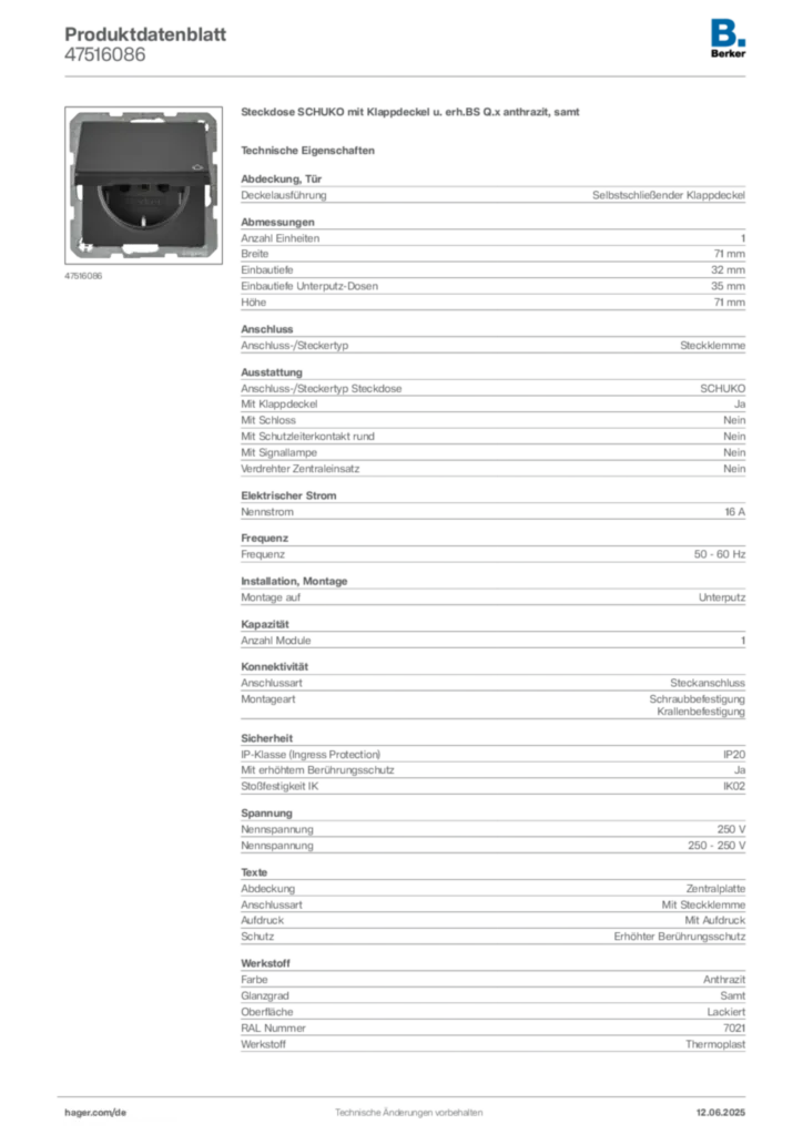 Bild Berker Produktdatenblatt 47516086 | Hager Deutschland