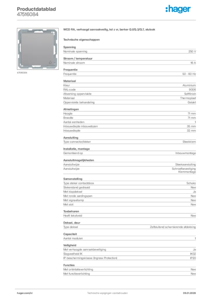 Afbeelding Hager Productdatablad 47516084 | Hager Nederland