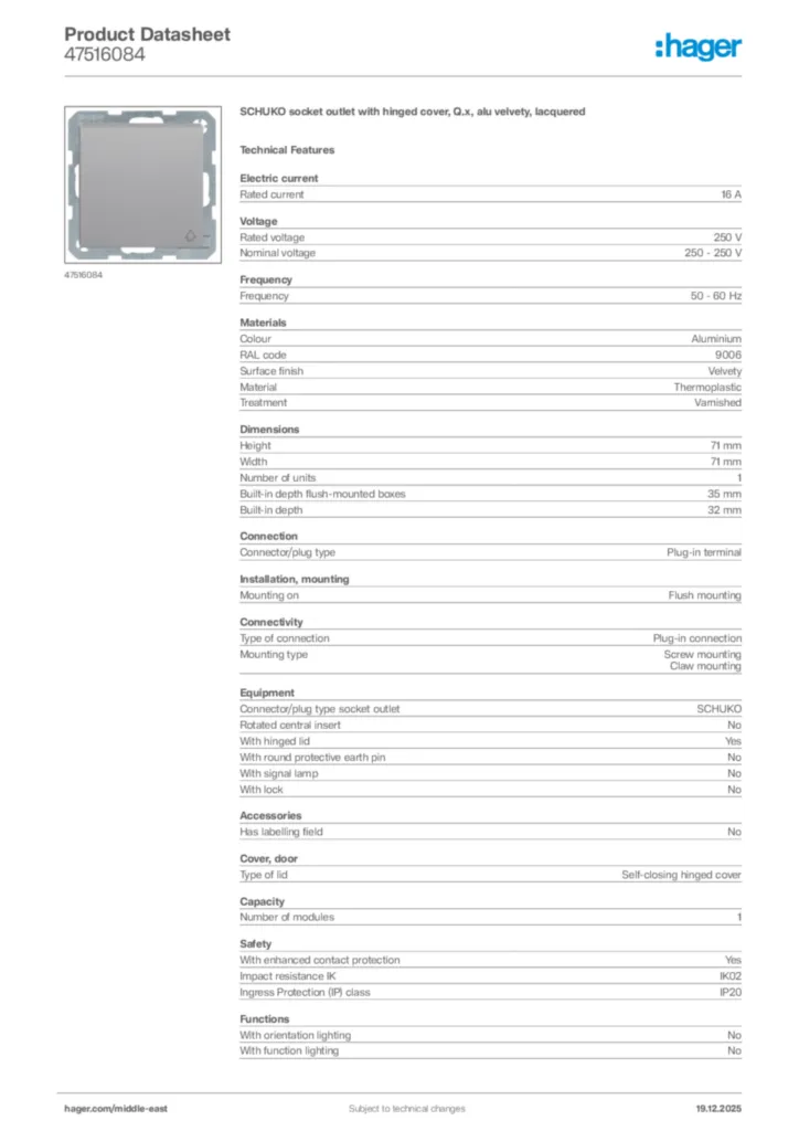 Image Hager Product data sheet 47516084  | Hager