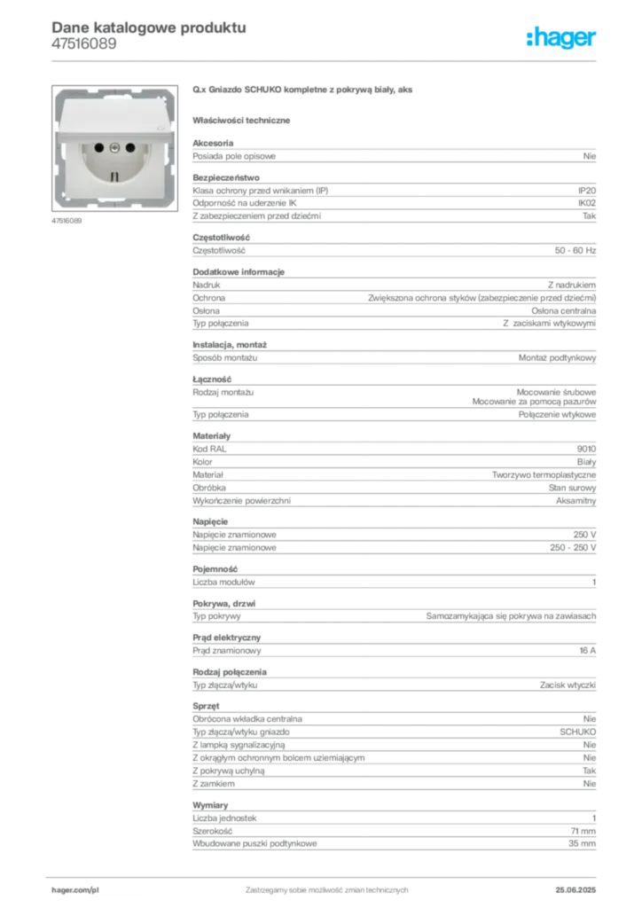Zdjęcie Hager Karta katalogowa 47516089 | Hager Polska