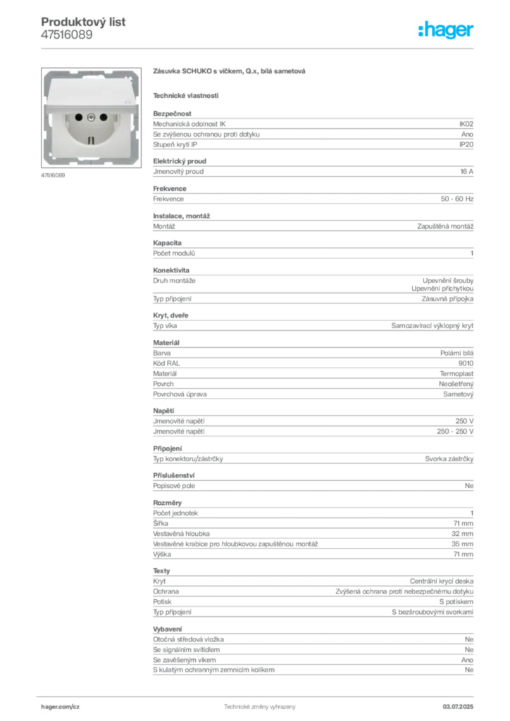 Obrázek Hager Produktový list 47516089 | Hager