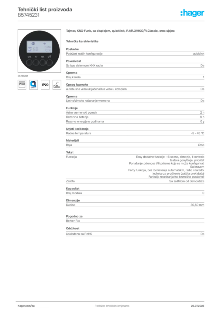 Slika Hager Product data sheet 85745231  | Hager