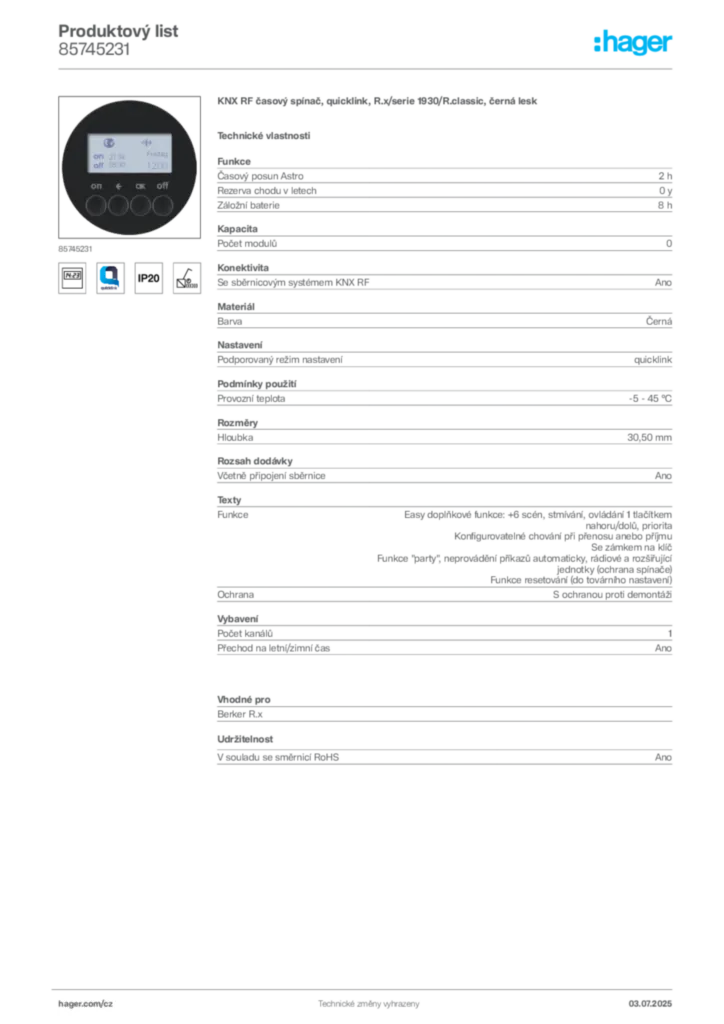 Obrázek Hager Produktový list 85745231 | Hager