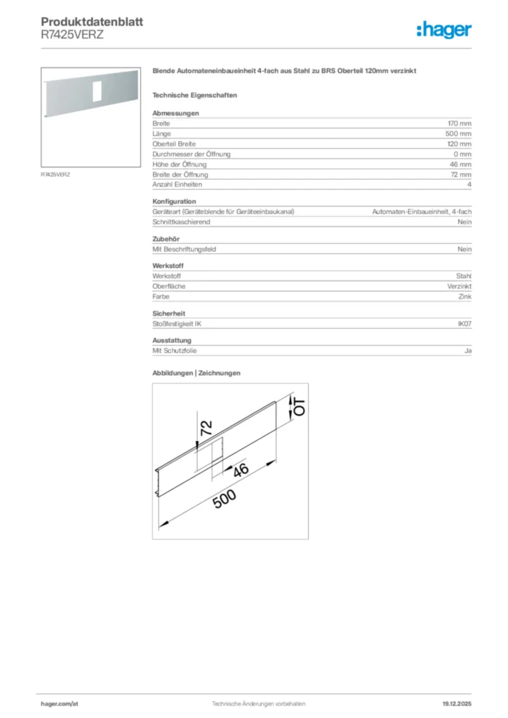 Bild Hager Produktdatenblatt R7425VERZ | Hager Deutschland