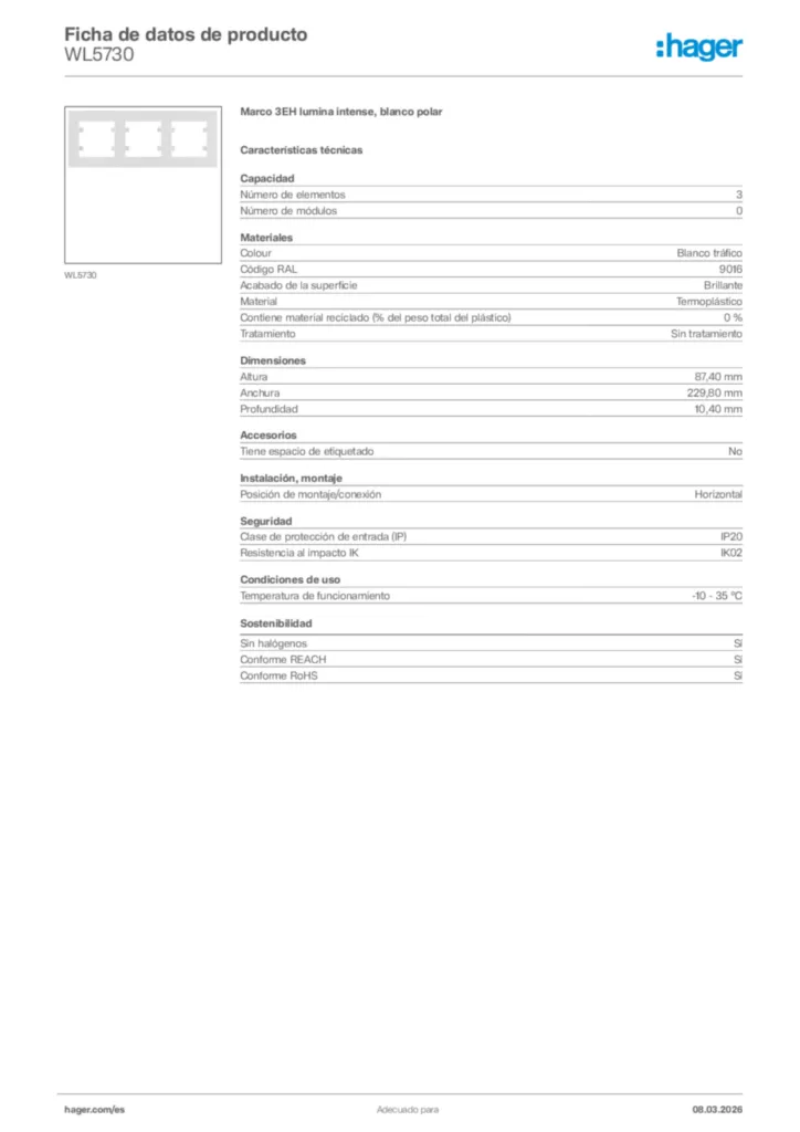 Imagen Hager Ficha de datos de producto WL5730 | Hager España