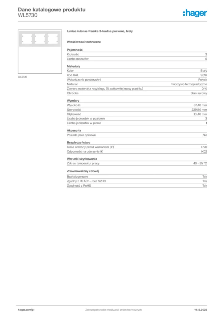 Zdjęcie Hager Karta katalogowa WL5730 | Hager Polska