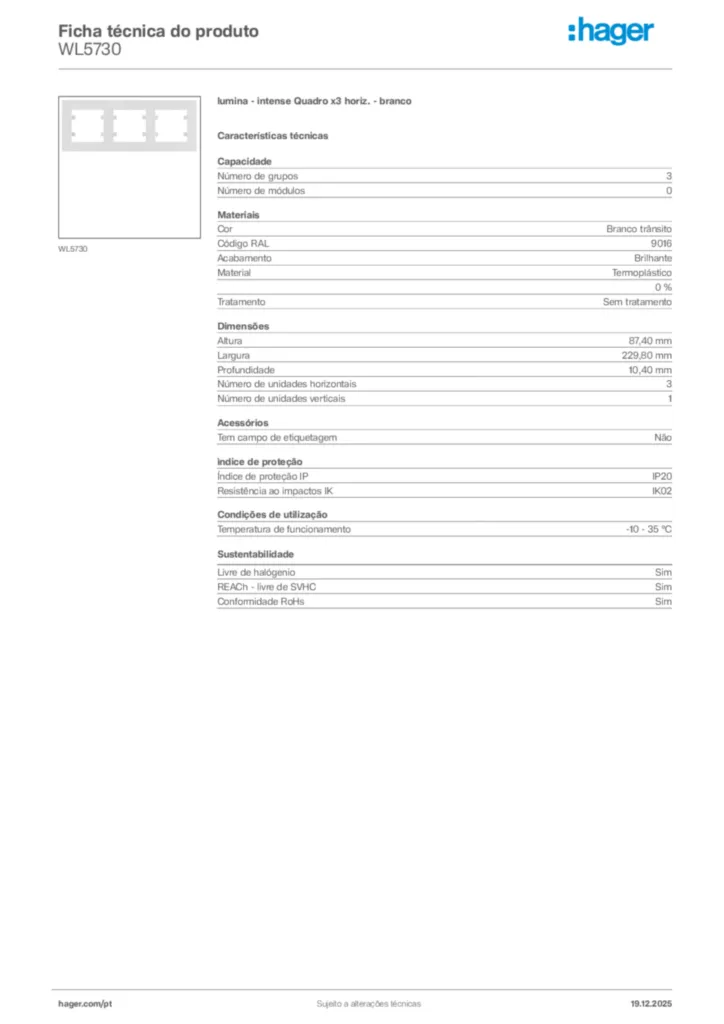 Imagem Hager Ficha técnica do produto WL5730 | Hager Portugal