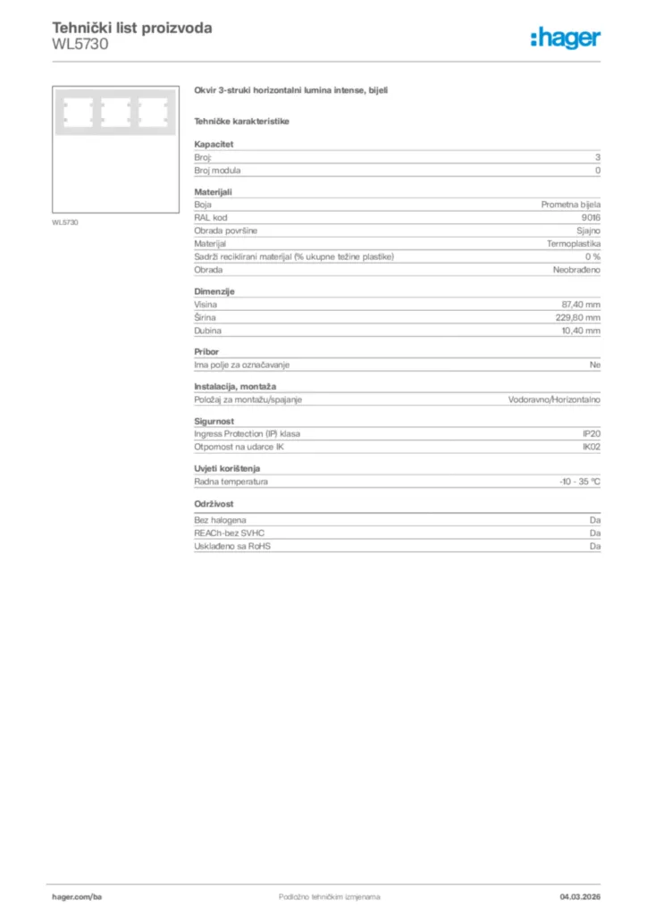 Slika Hager Tehnički list proizvoda WL5730  | Hager