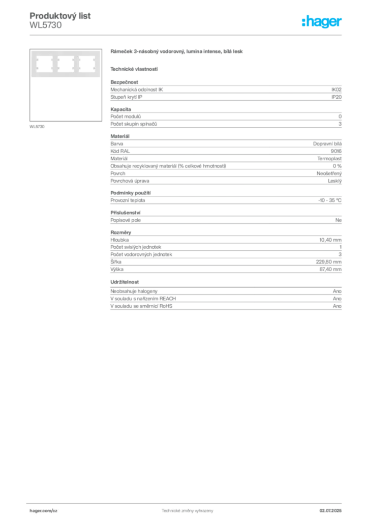 Obrázek Hager Produktový list WL5730 | Hager