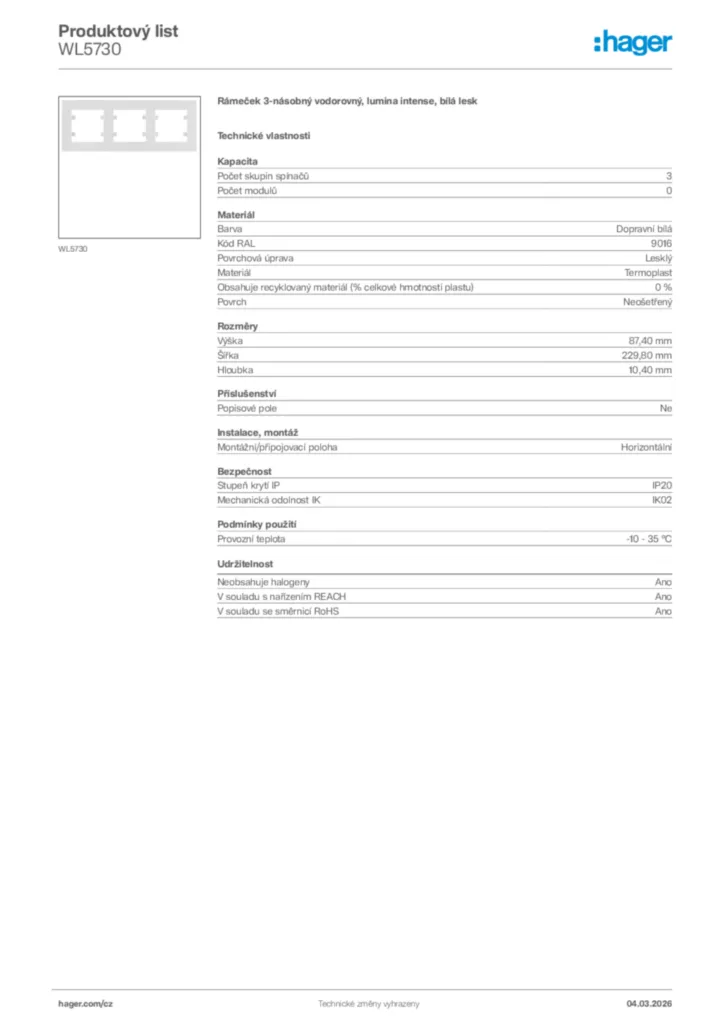 Obrázek Hager Product data sheet WL5730 | Hager