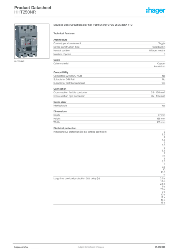 Image Hager Product data sheet HHT250NR  | Hager Australia
