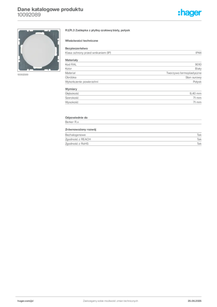 Zdjęcie Hager Karta katalogowa 10092089 | Hager Polska