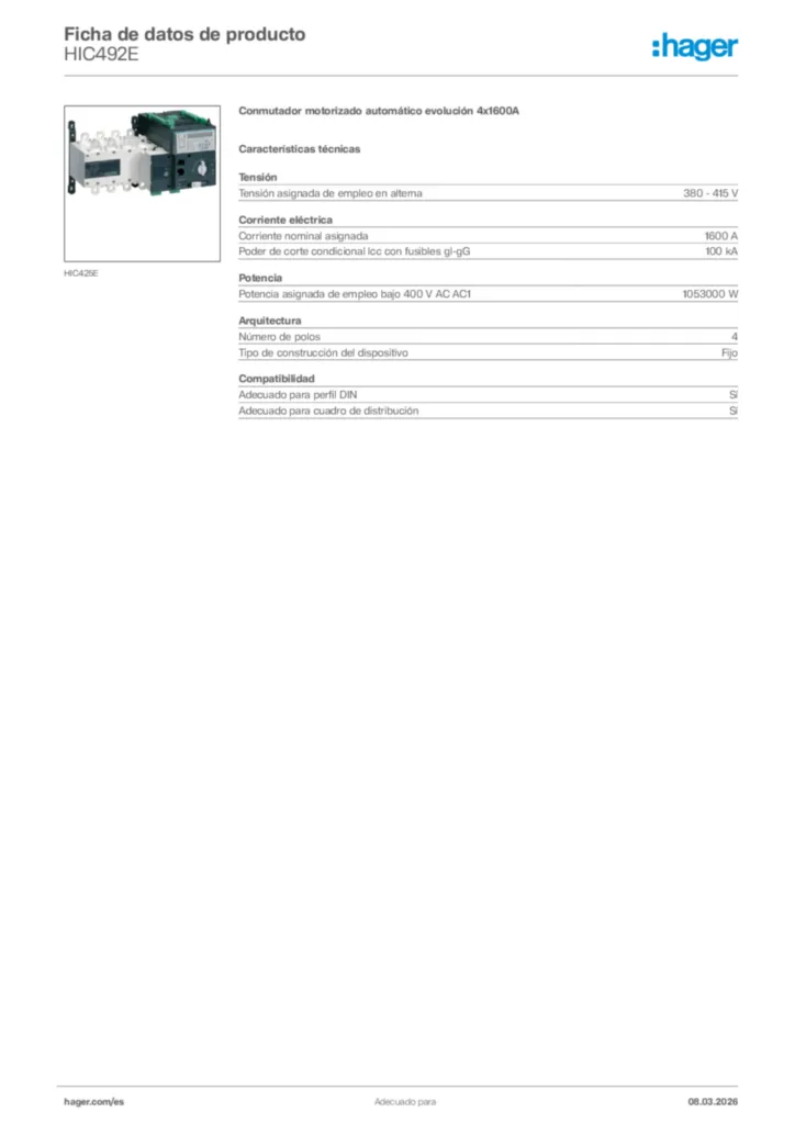 Imagen Hager Ficha de datos de producto HIC492E | Hager España