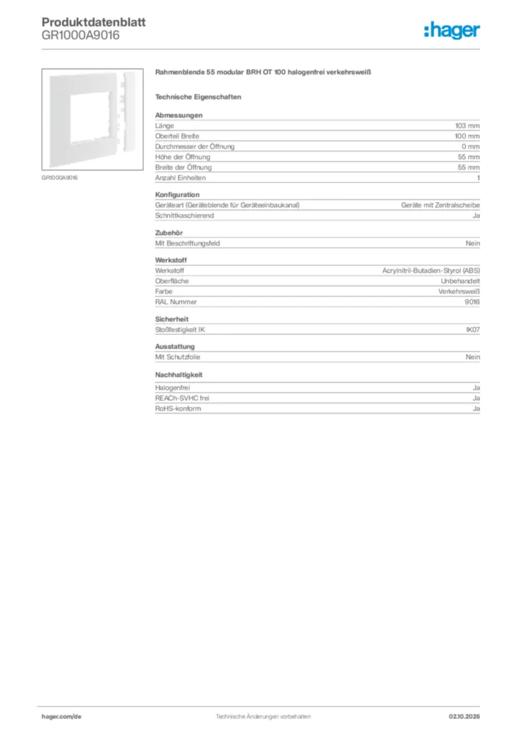 Bild Hager Produktdatenblatt GR1000A9016 | Hager Deutschland