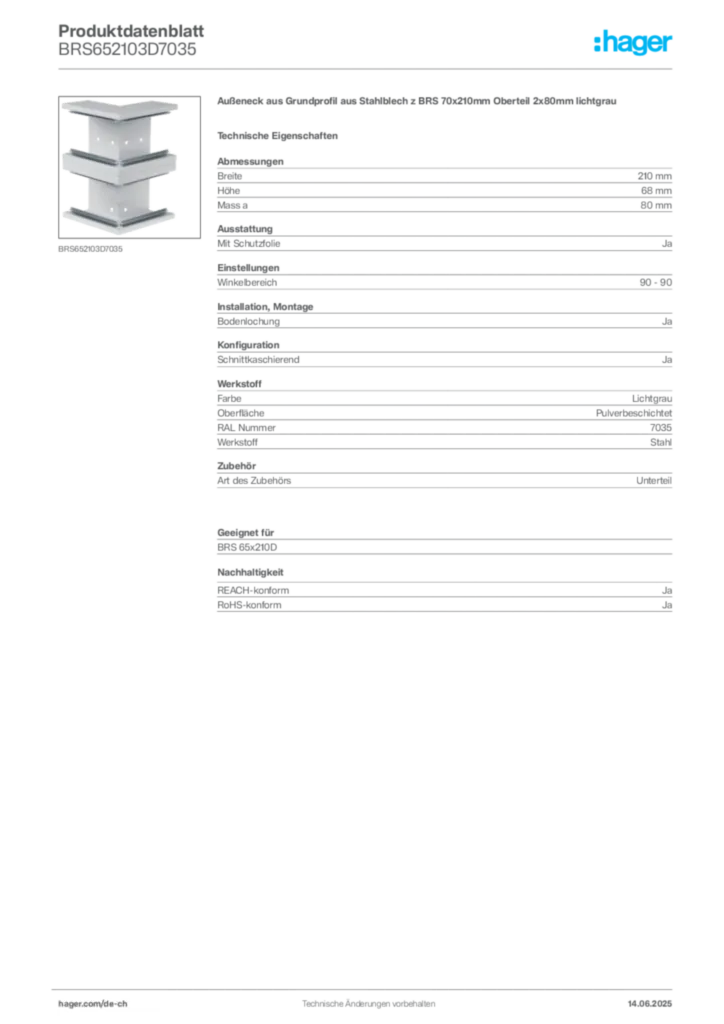 Bild Hager Produktdatenblatt BRS652103D7035 | Hager Schweiz
