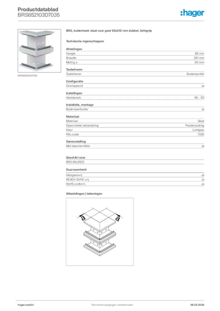 Afbeelding Hager Productdatablad BRS652103D7035 | Hager Nederland