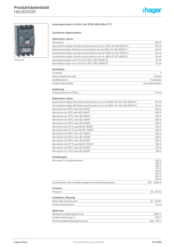 Bild Hager Produktdatenblatt HMJ630GR | Hager Deutschland