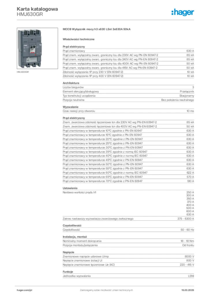 Zdjęcie Hager Karta katalogowa HMJ630GR | Hager Polska