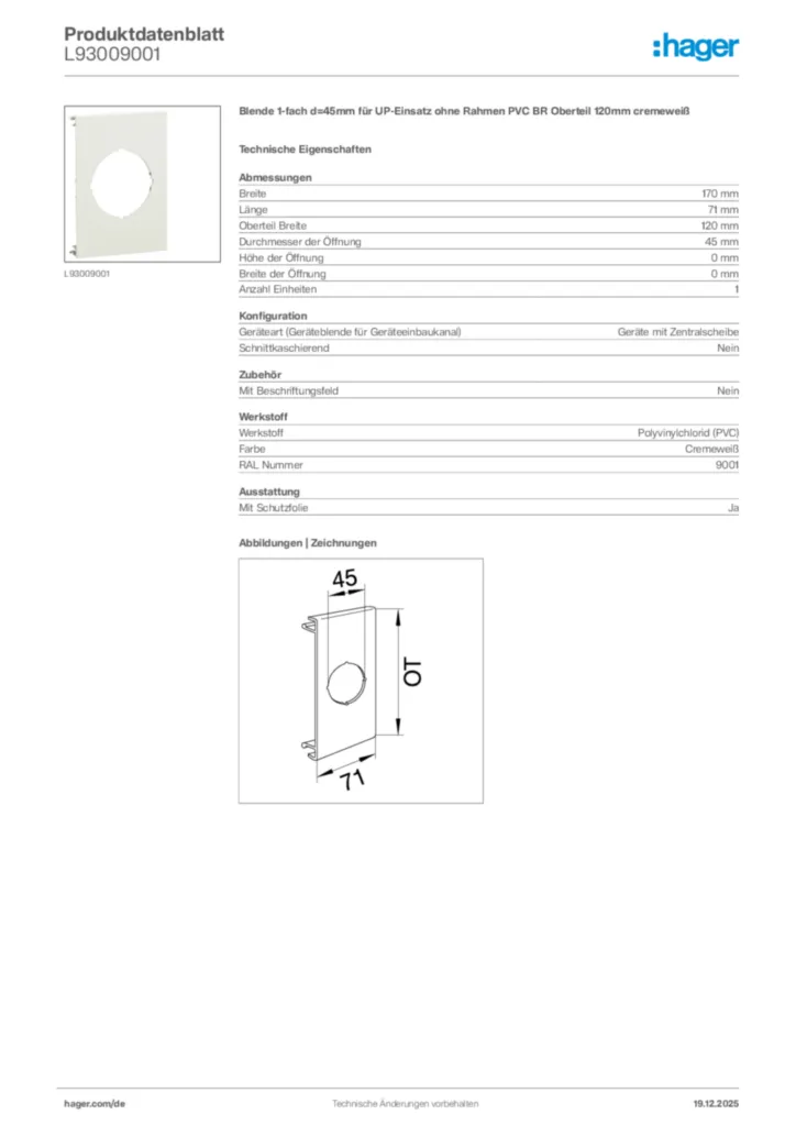 Bild Hager Produktdatenblatt L93009001 | Hager Deutschland