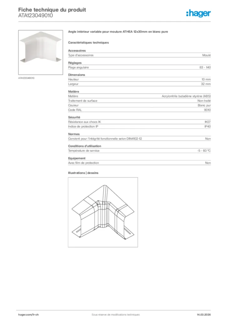 Image Hager Fiche technique du produit ATA123049010 | Hager Suisse