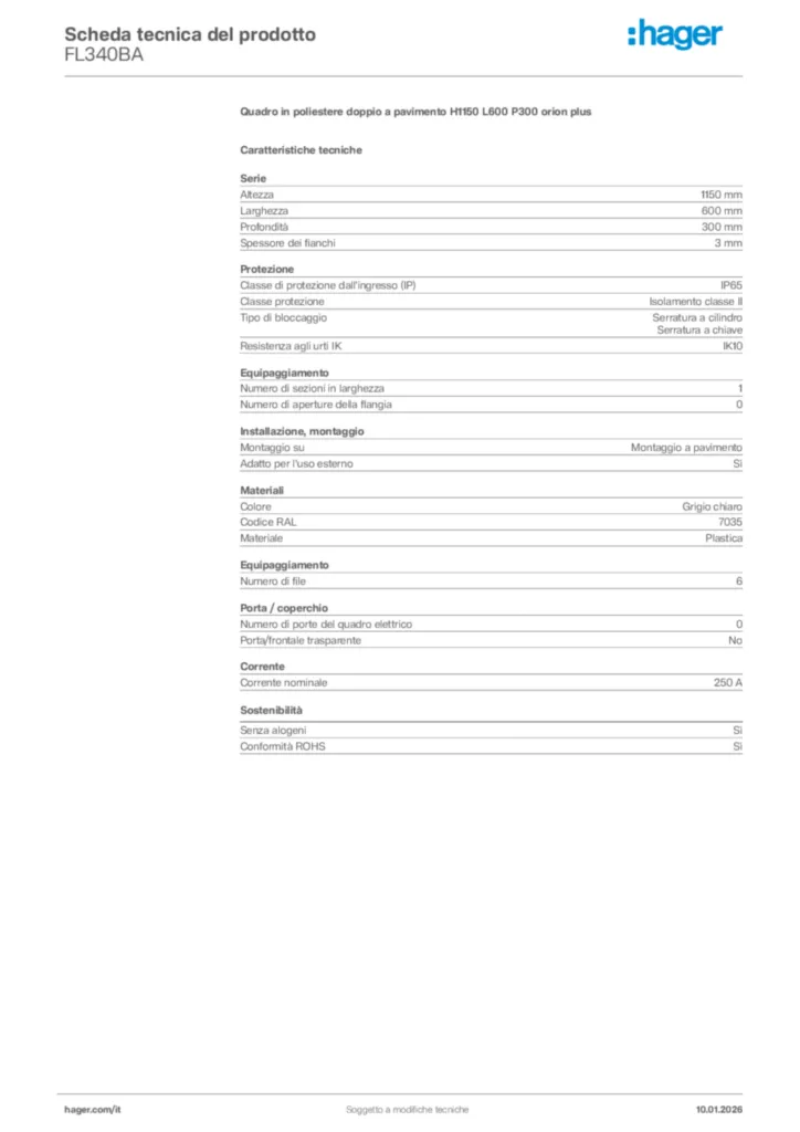 Immagine Hager Scheda tecnica del prodotto FL340BA | Hager Italia