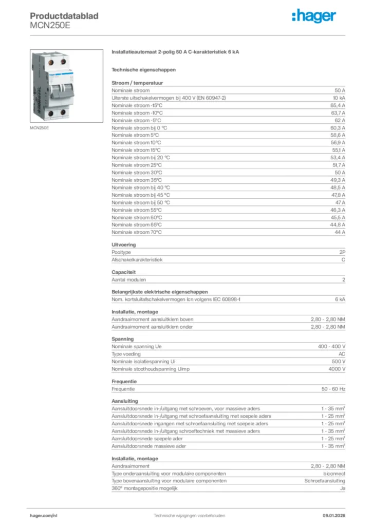 Afbeelding Hager Productdatablad MCN250E | Hager Nederland