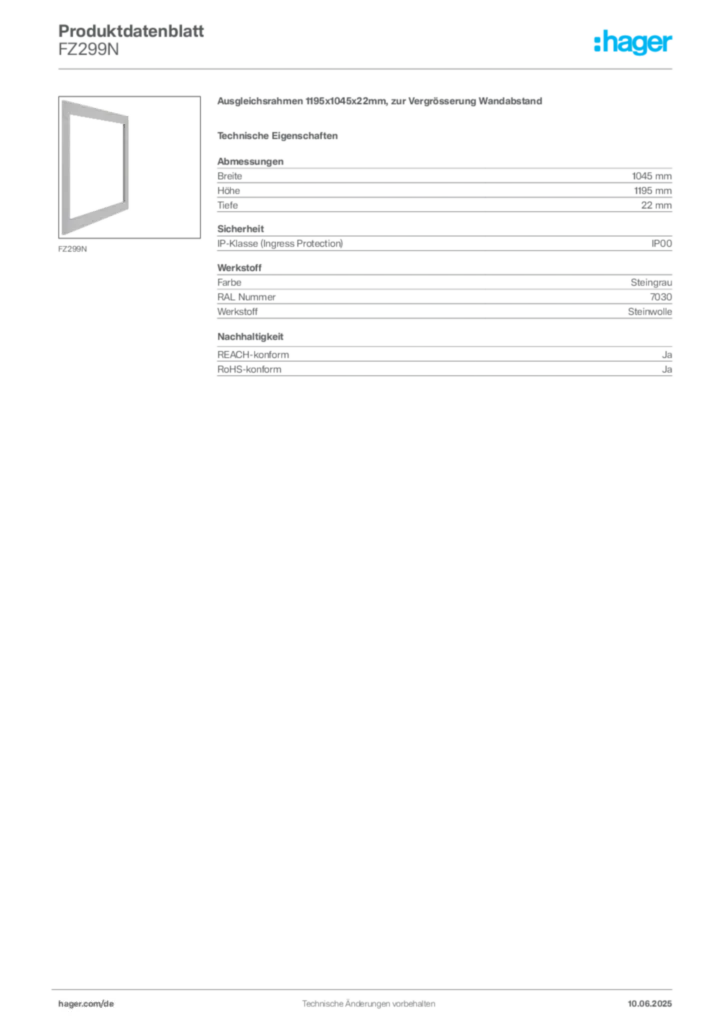 Bild Hager Produktdatenblatt FZ299N | Hager Deutschland