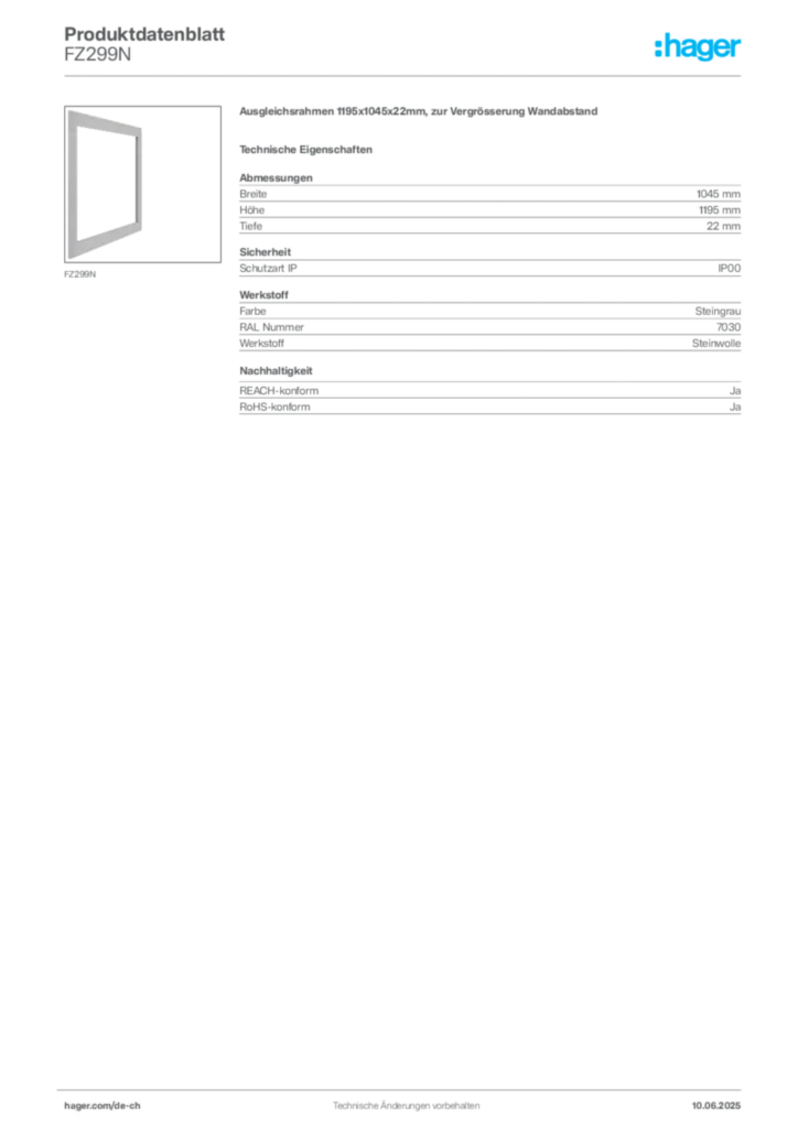 Bild Hager Produktdatenblatt FZ299N | Hager Schweiz