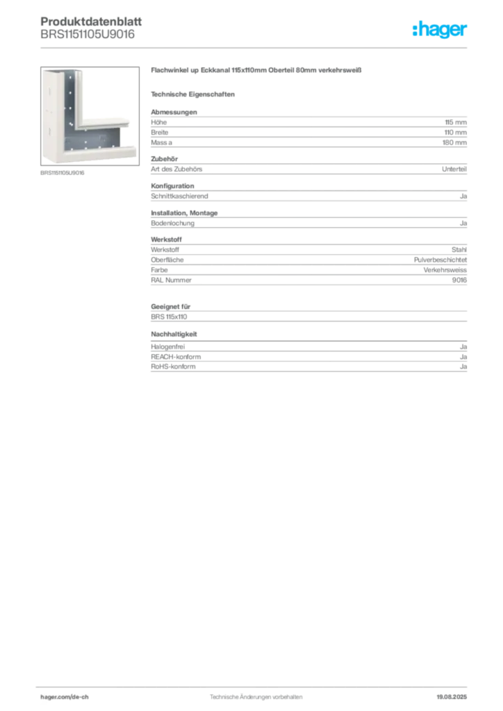 Bild Hager Produktdatenblatt BRS1151105U9016 | Hager Schweiz