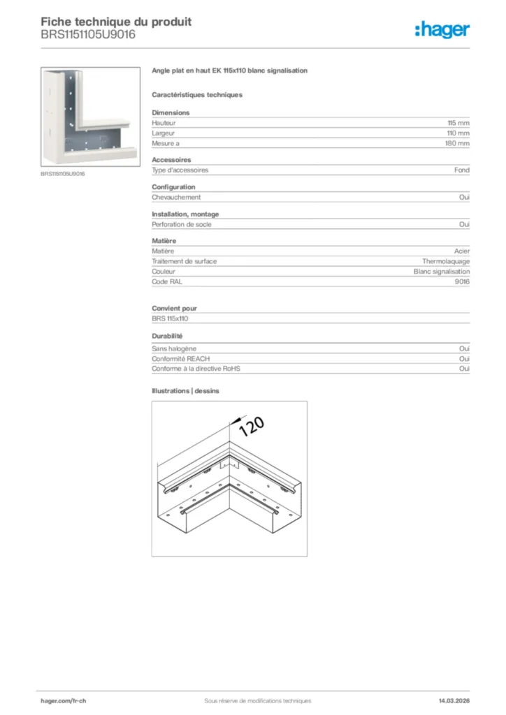 Image Hager Fiche technique du produit BRS1151105U9016 | Hager Suisse