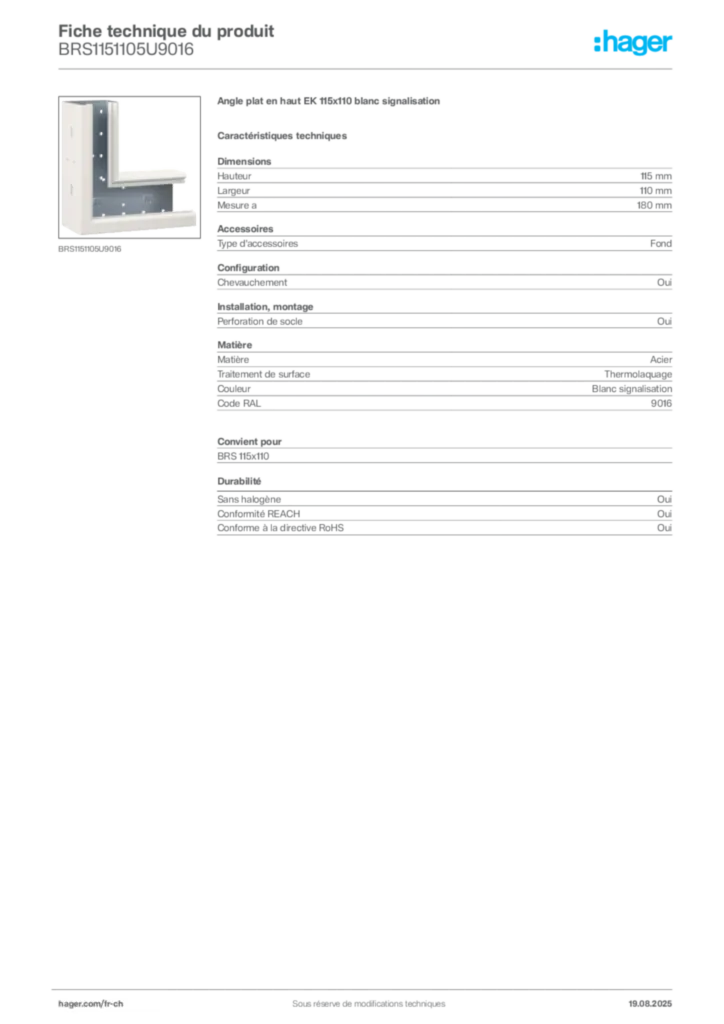 Image Hager Fiche technique du produit BRS1151105U9016 | Hager Suisse