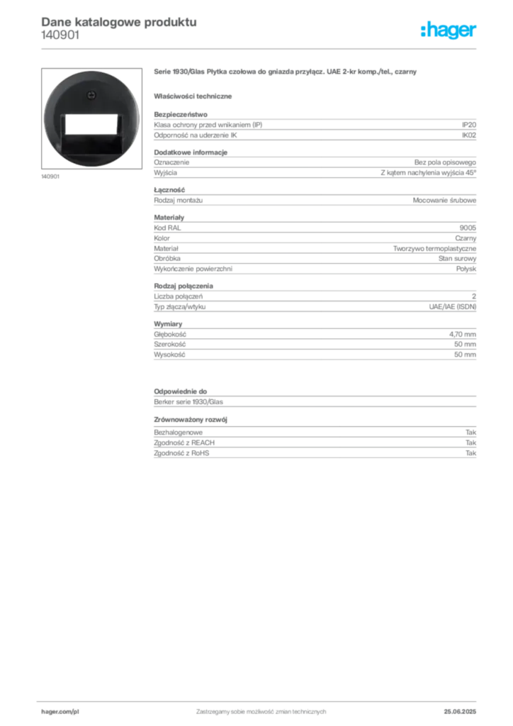 Zdjęcie Hager Karta katalogowa 140901 | Hager Polska