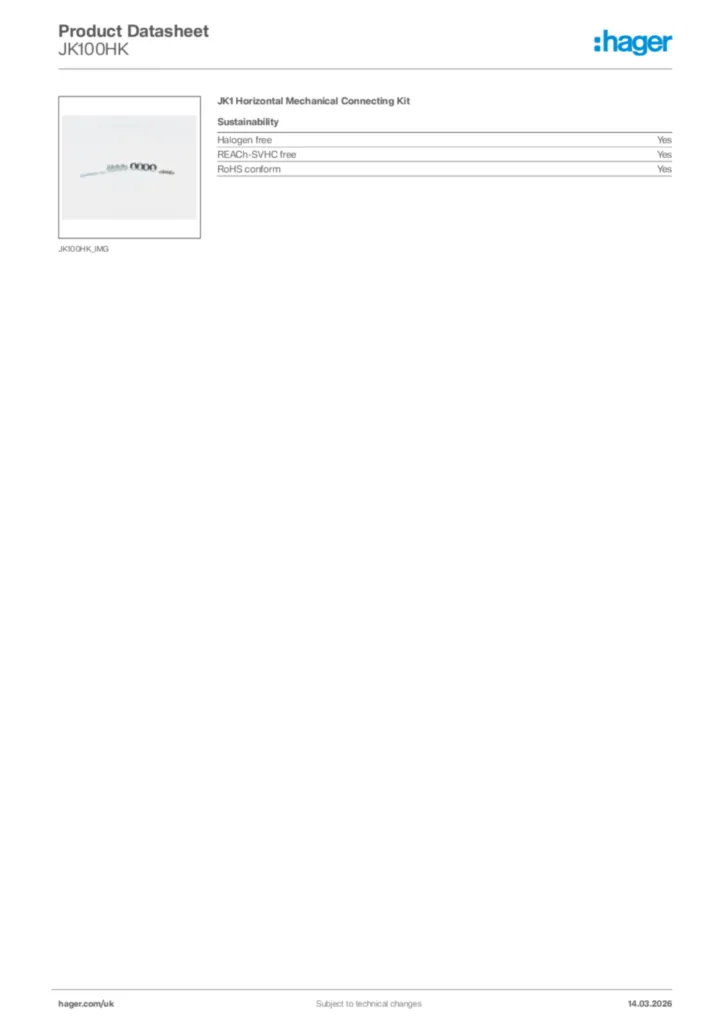 Image Hager Product data sheet JK100HK  | Hager