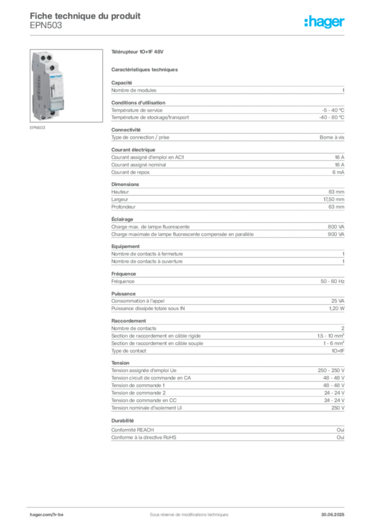 Image Hager Fiche technique du produit EPN503 | Hager Belgique