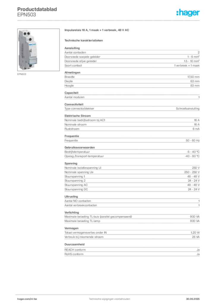 Afbeelding Hager Productdatablad EPN503 | Hager Belgium